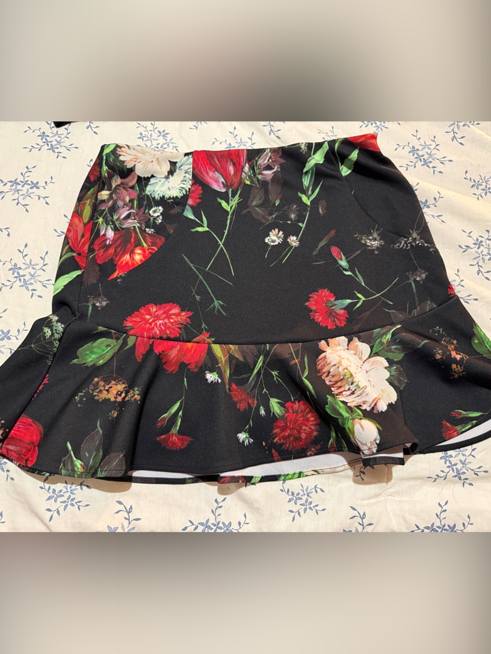 Express Black Floral Ruffle Hem Skirt with Red & Green Bouquet